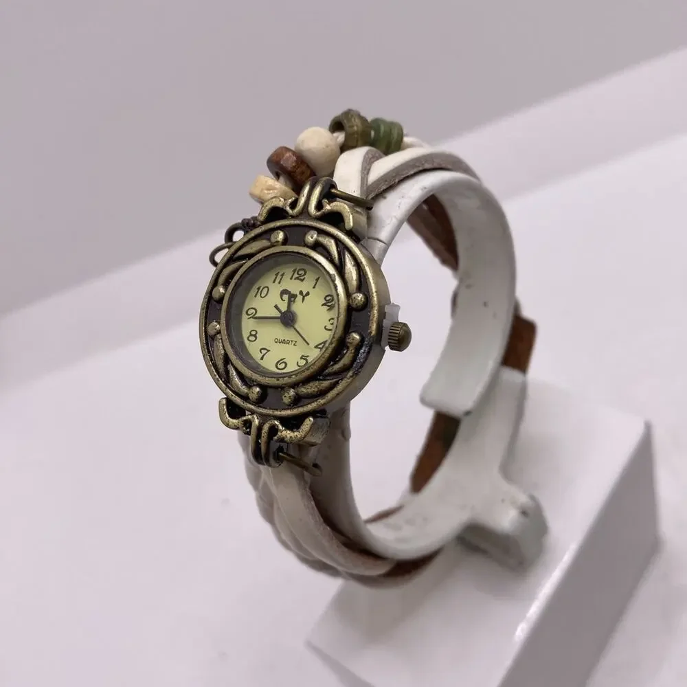 Womens White Leather Beaded Brass Watch New Battery